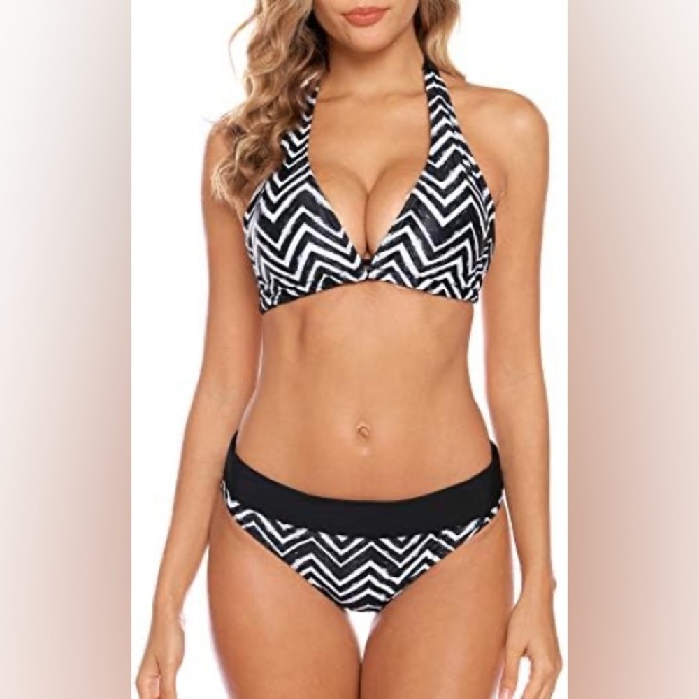 NWOT Women Halter Swimsuit 2 Piece Swimwear Black Bikini Full Coverage